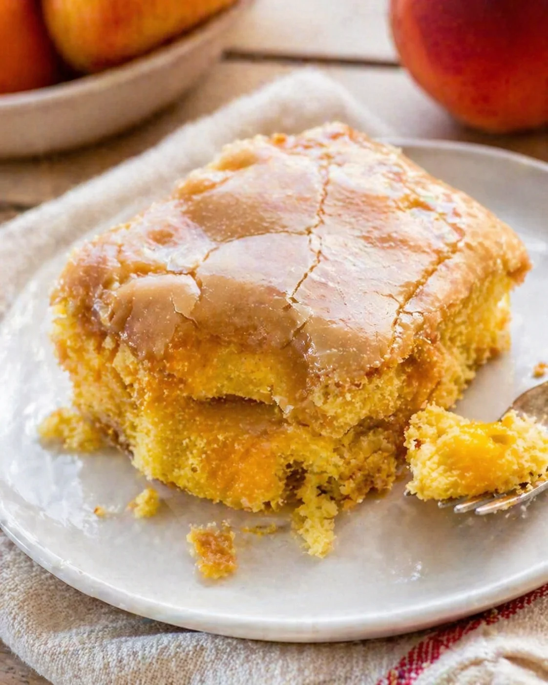 Slice of golden apple-spice cake on a gray plate with pink glaze, crumbs nearby
