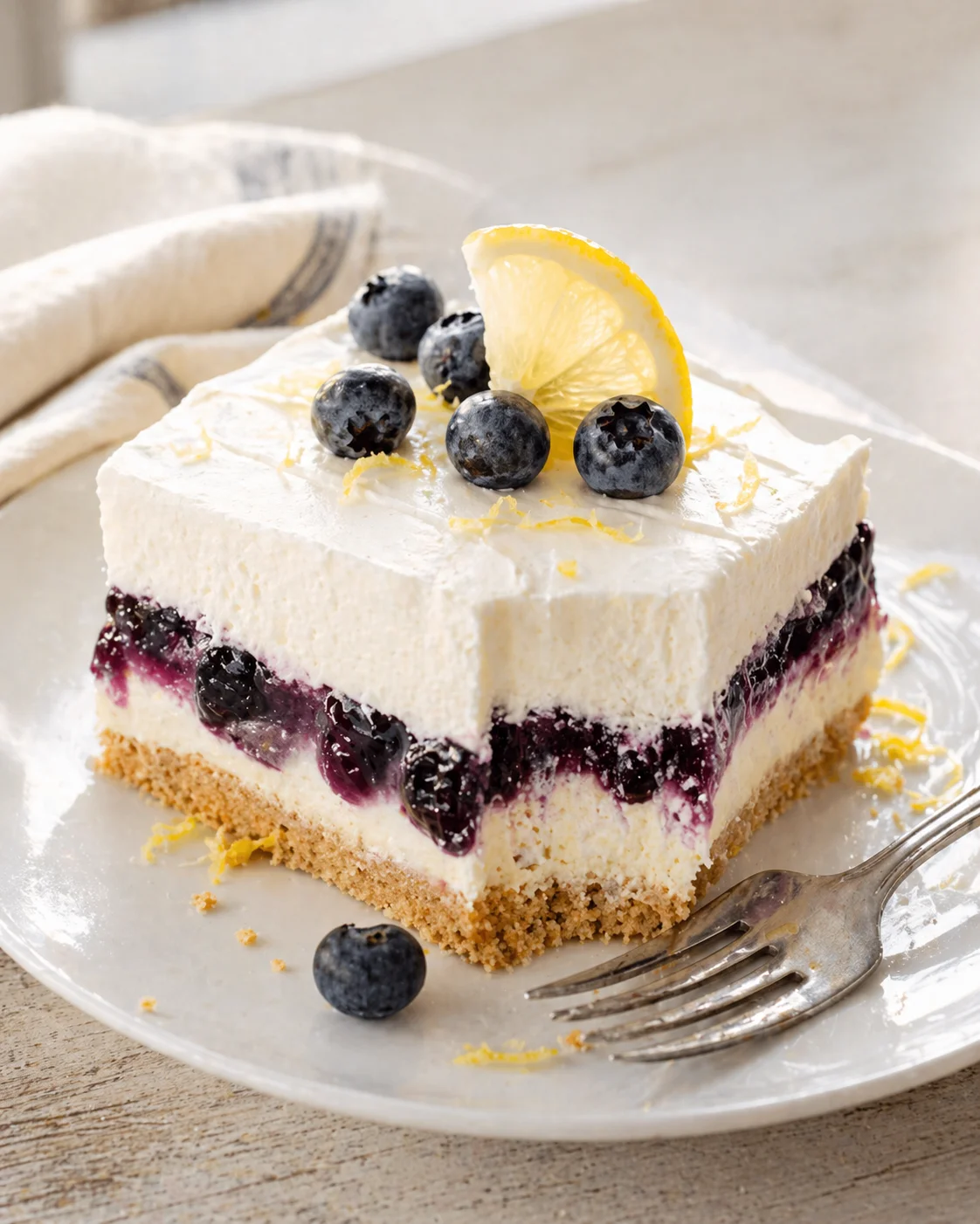 Single plated variation of Lemon Blueberry Delight shown in a natural kitchen scene