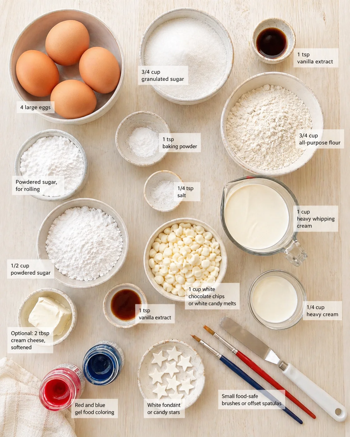 Top-down view of baking ingredients arranged on a wooden surface with labeled bowls.