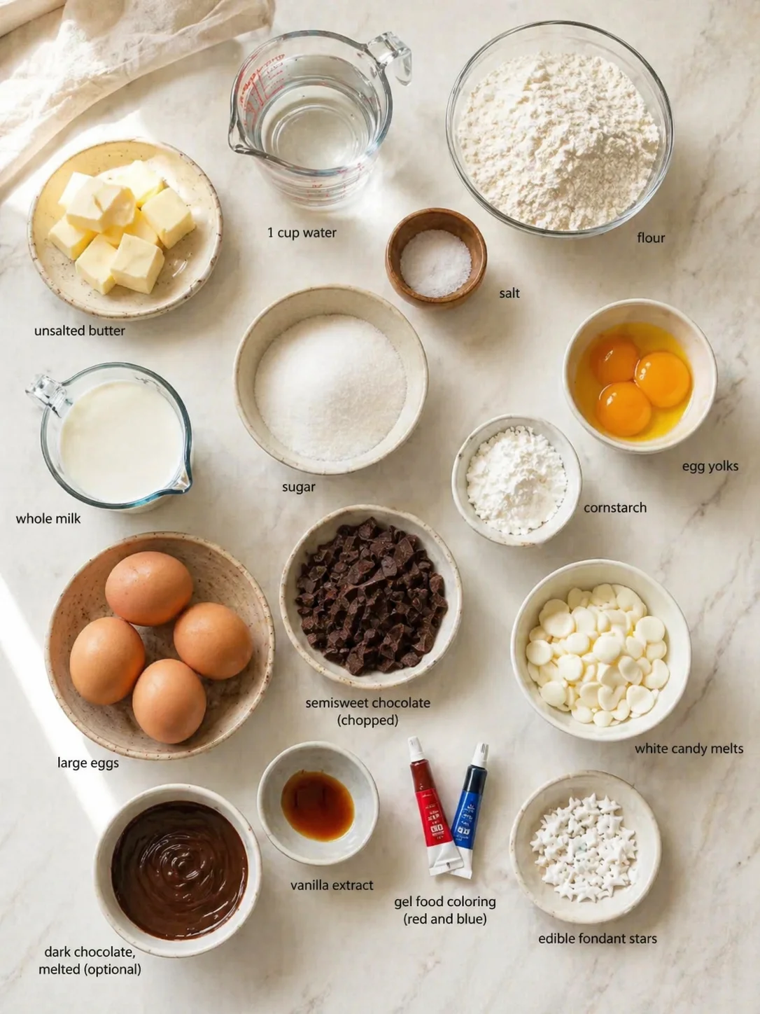 Overhead view of labeled baking ingredients laid out on a marble counter