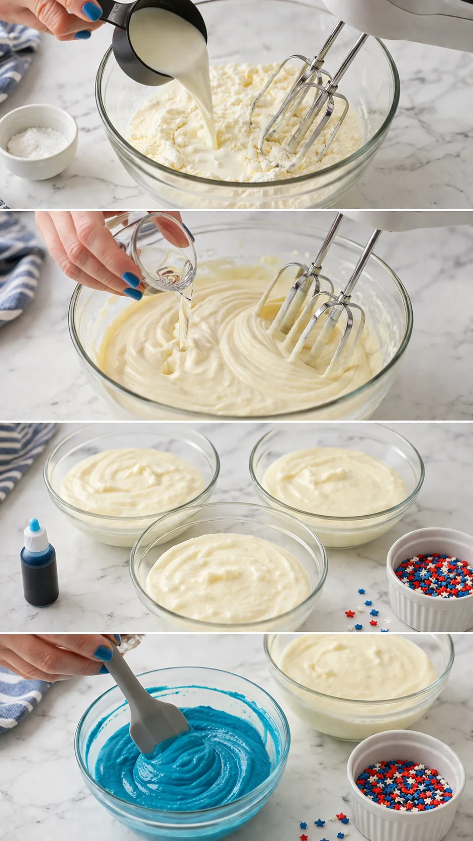 Step-by-step kitchen collage: pouring milk into flour in a glass bowl, whisking batter, and blue frosting with sprinkles.