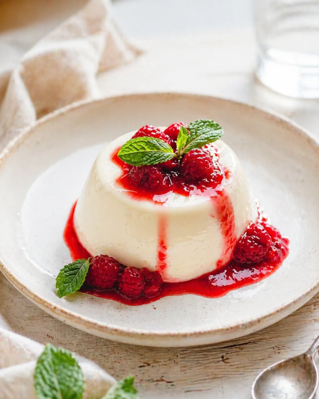 creamy panna cotta with raspberry sauce and fresh mint on a beige plate