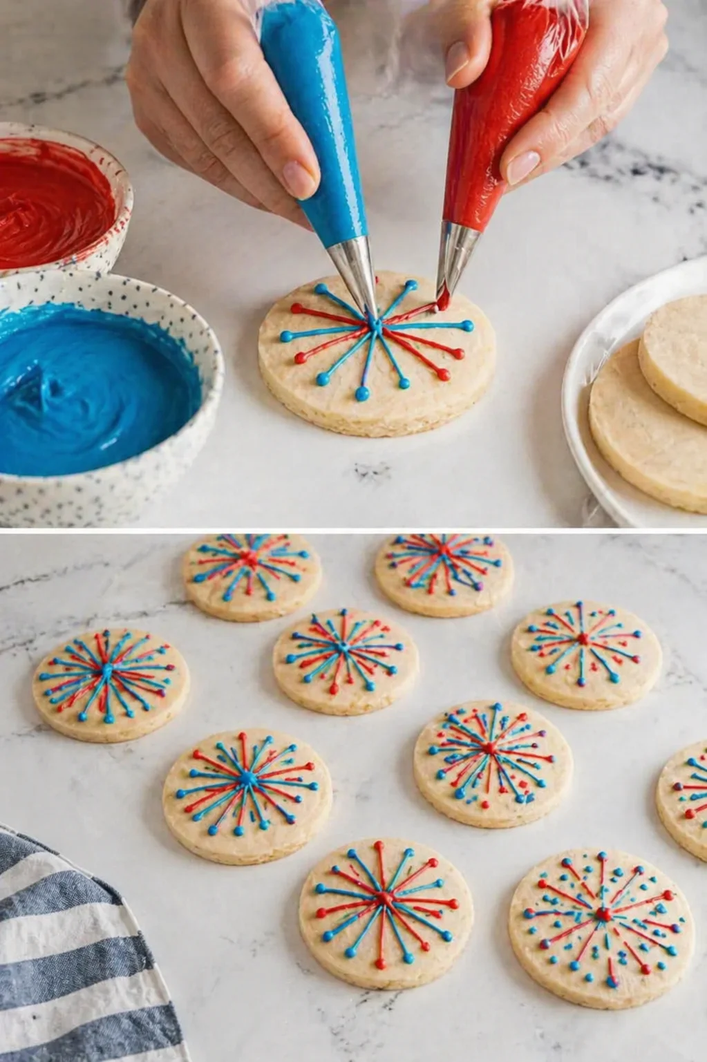 Close-up of hands piping blue and red icing onto round cookies; bowls of frosting nearby.