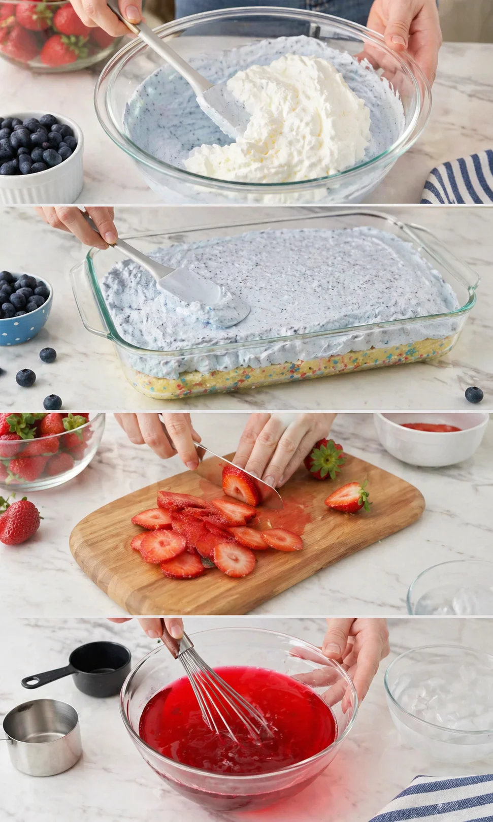 collage showing a blue-frosted layered cake in progress with berries nearby