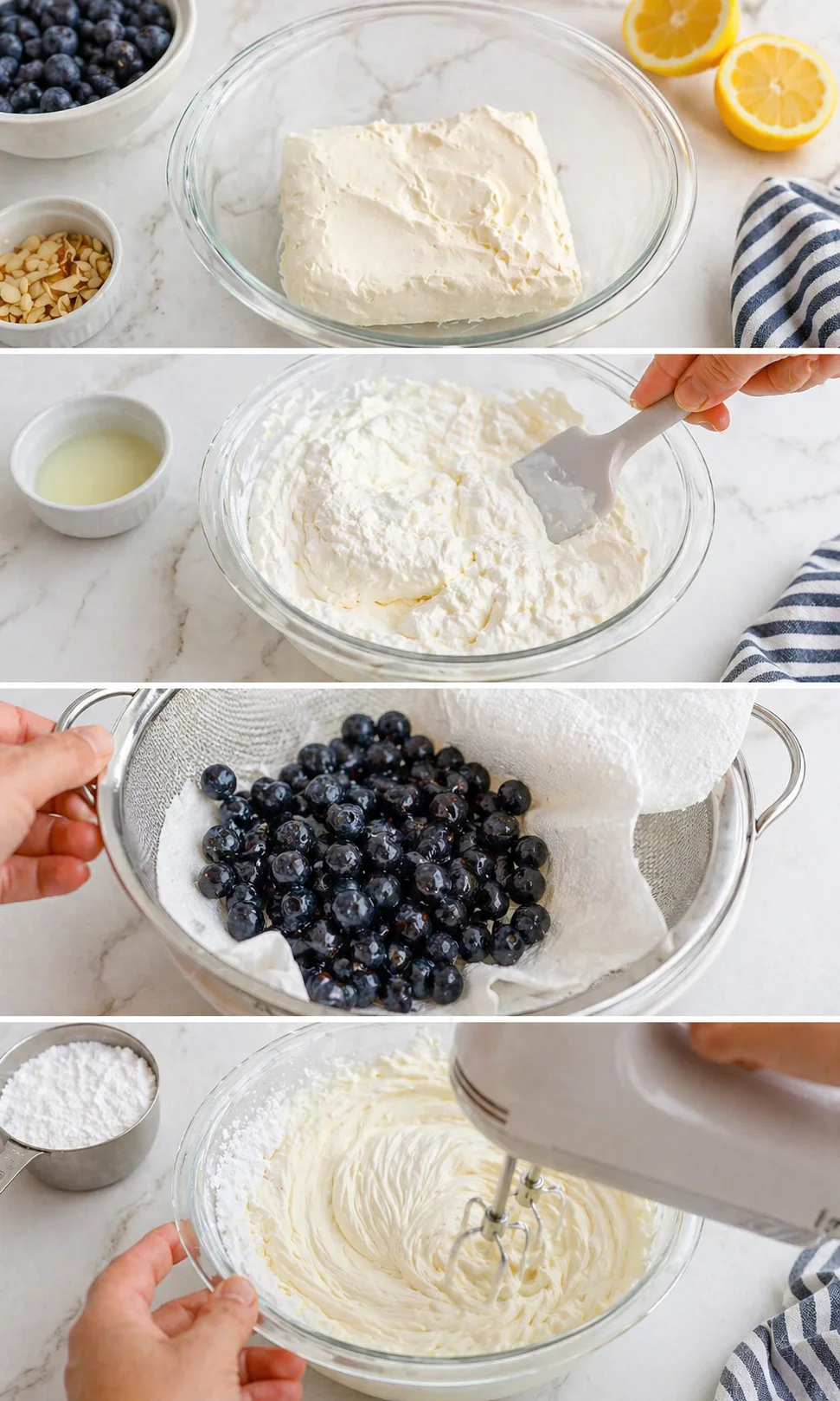 collage showing cheesecake-prep steps with cream cheese, lemons, blueberries, almonds, and whisking
