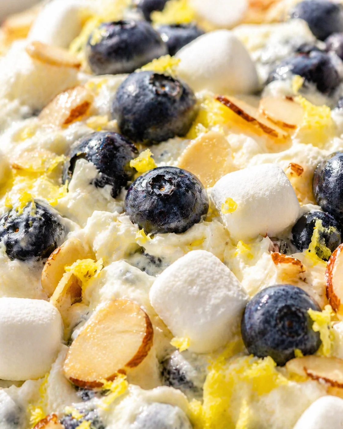 Close-up of blueberries, marshmallows, almond slices, and lemon zest in a creamy dessert.