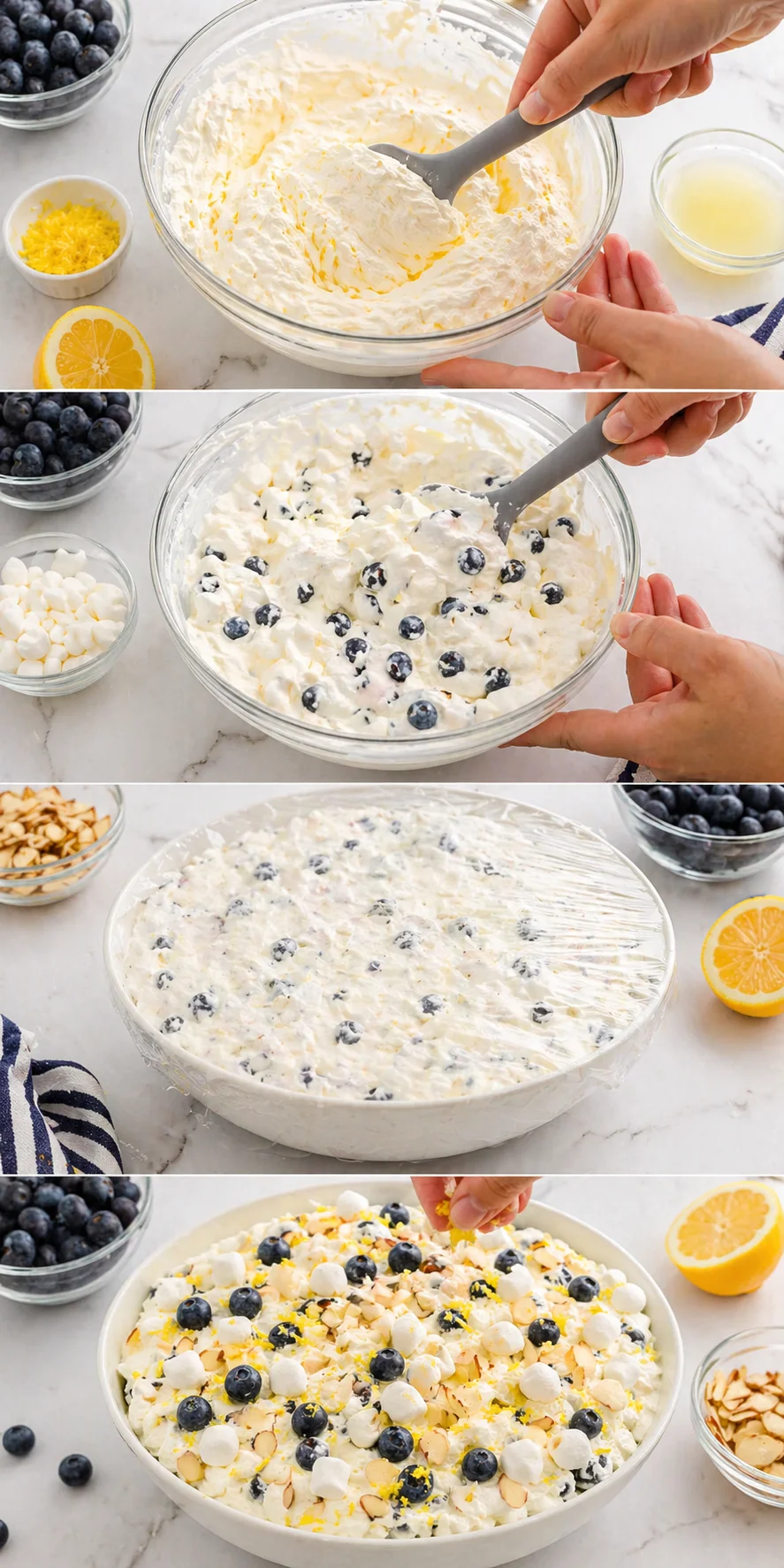 Four-panel collage showing a no-bake blueberry-lemon dessert being prepared with whipped cream, blueberries, lemon zest, and toppings.