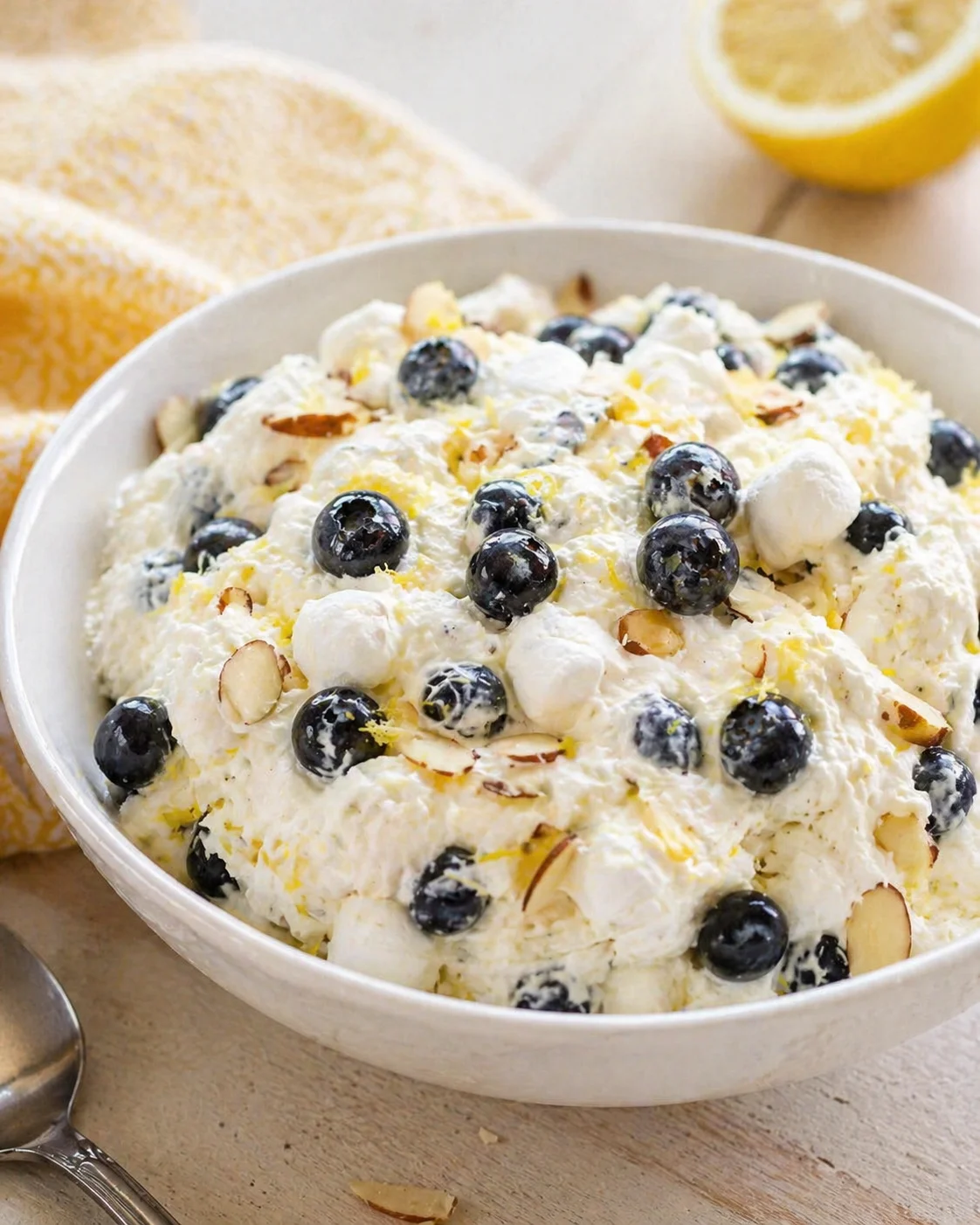 Creamy white dip studded with blueberries, lemon zest, and almond slices in a white bowl
