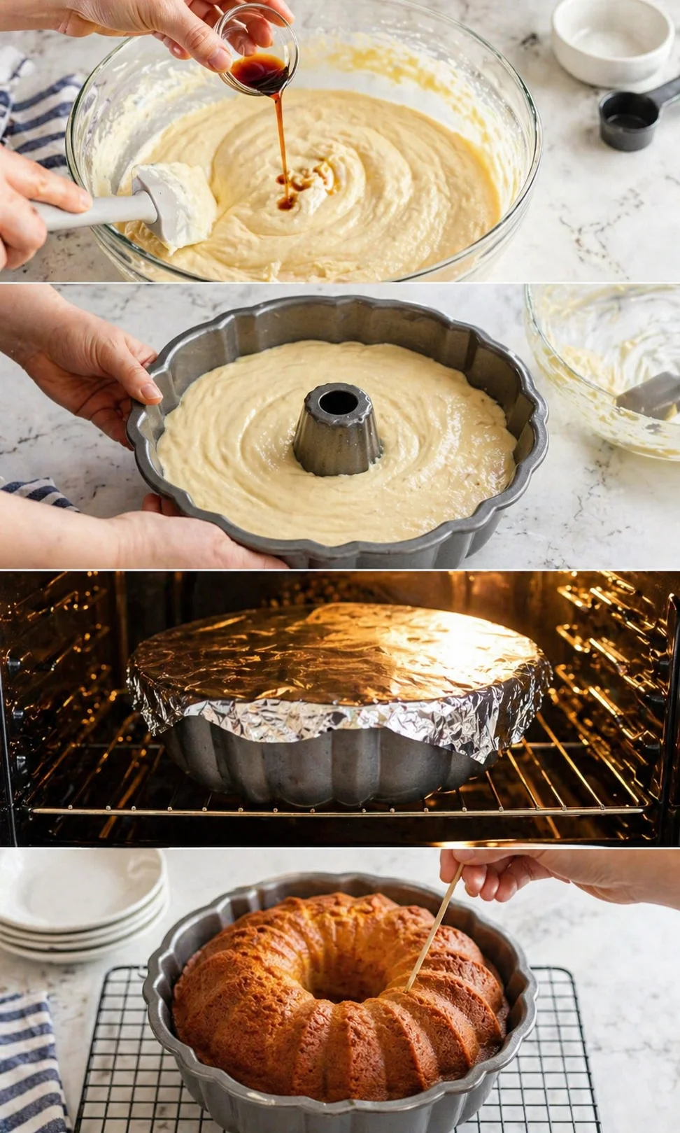 Collage showing bundt cake making: batter mixing, pan filling, baking, and the finished cake.