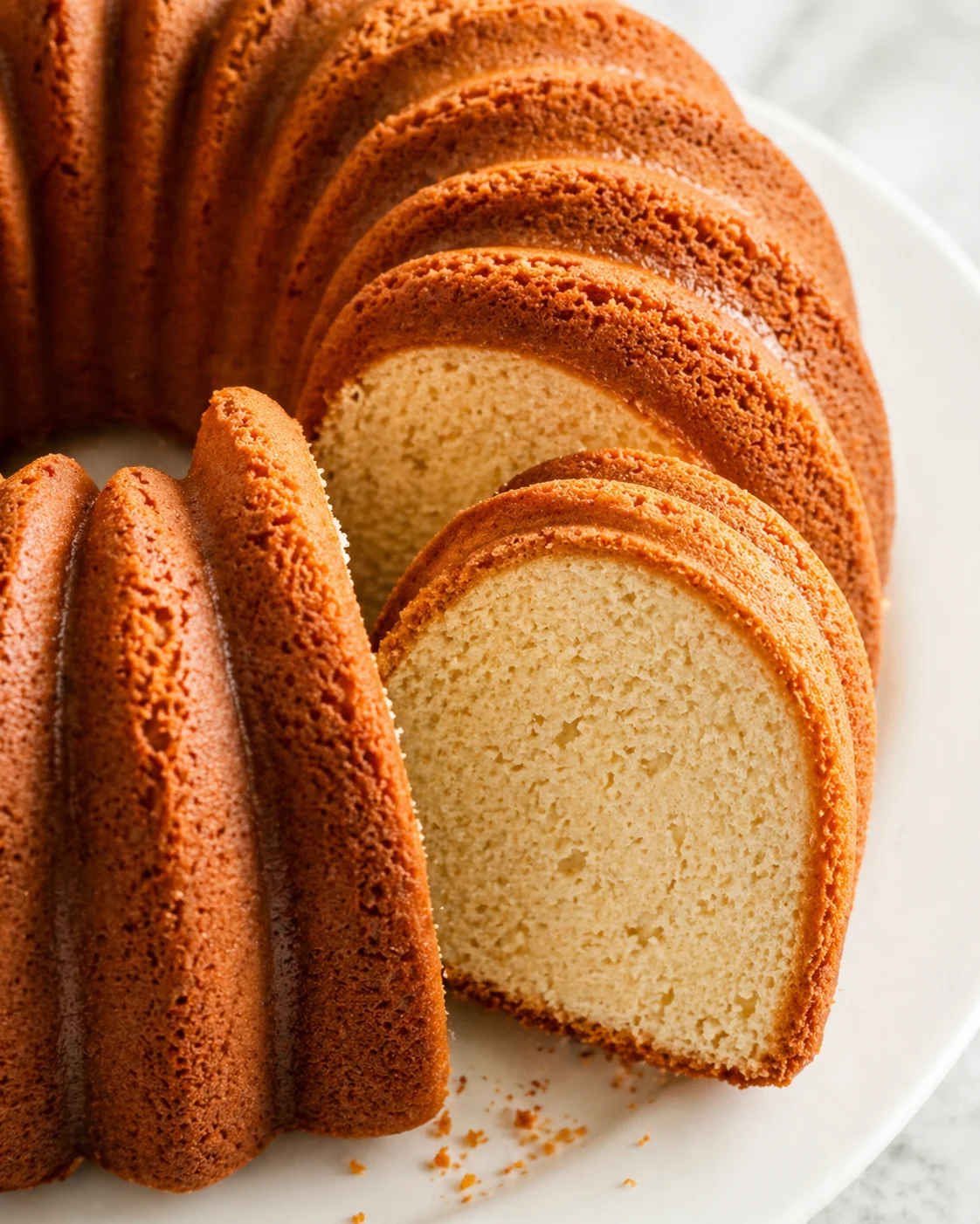 Golden-brown bundt cake slices arranged on a white plate, revealing a pale, tender crumb.