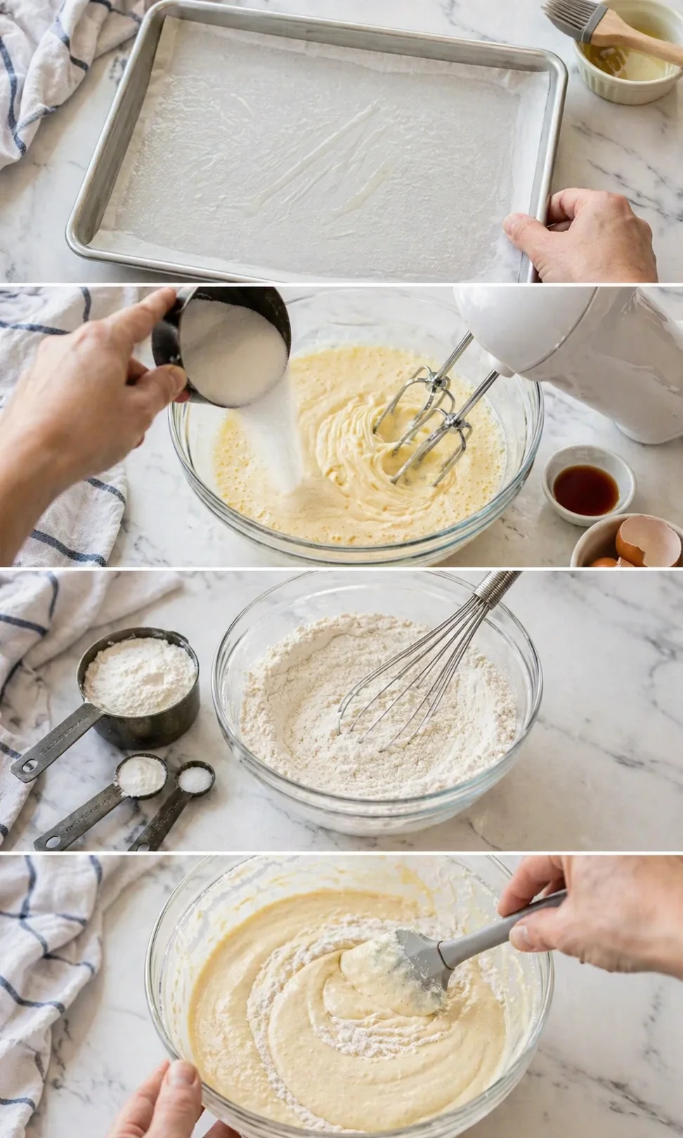 collage showing baking steps: parchment-lined pan, batter mixing, and dry ingredients measured.