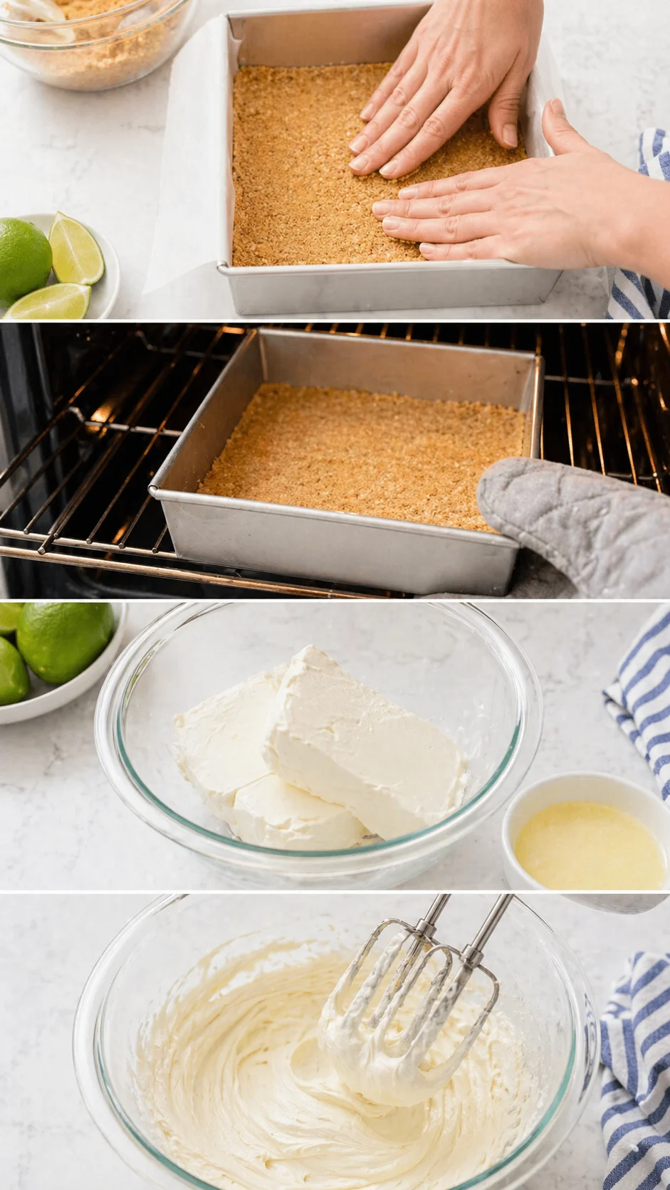 Collage showing cheesecake crust pressing, baking, cream cheese blocks, and batter whisking on bright kitchen counter.
