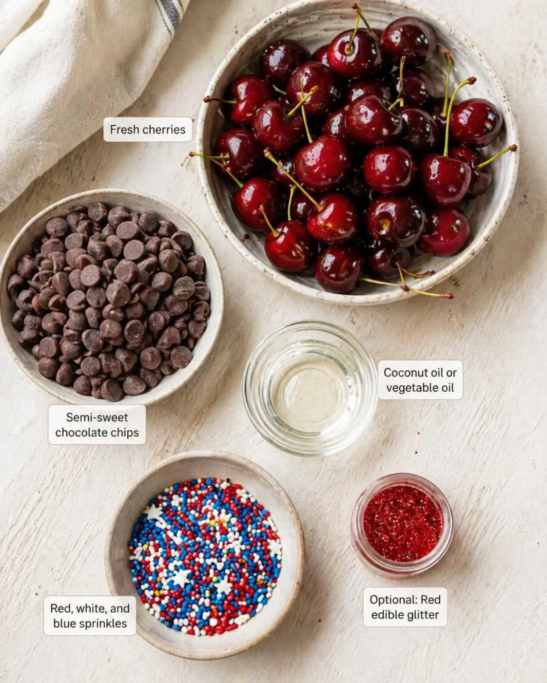 Flat lay of fresh cherries, chocolate chips, oil, sprinkles, and red glitter on a light wood surface