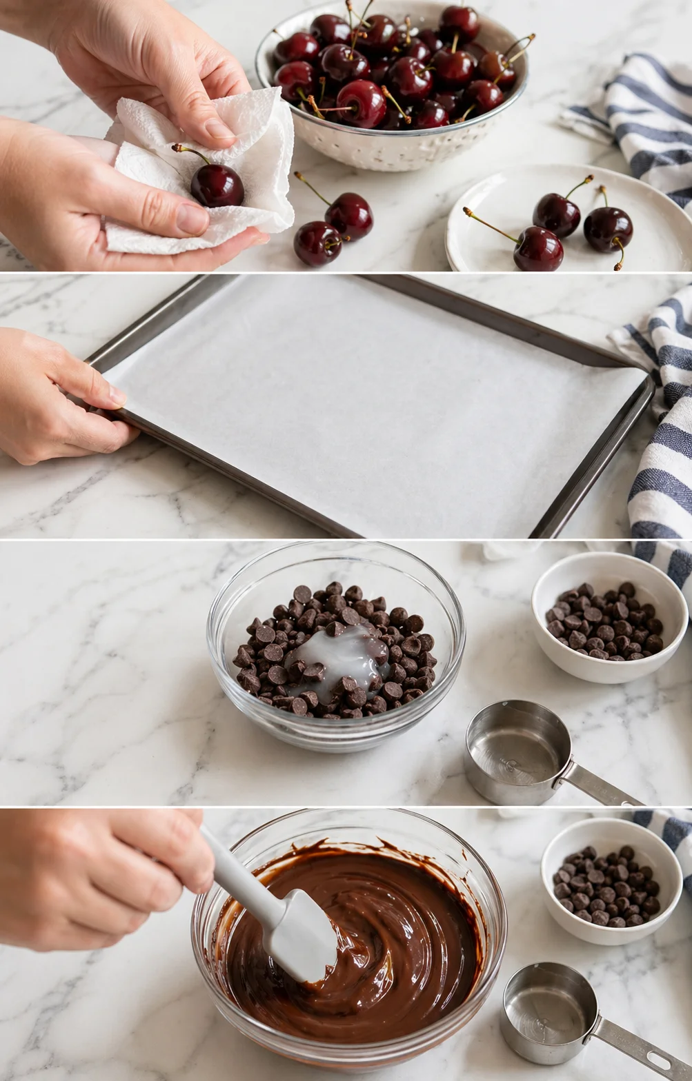 Four-panel collage showing fresh cherries, parchment-lined baking sheet, chocolate chips, and glossy melted chocolate.