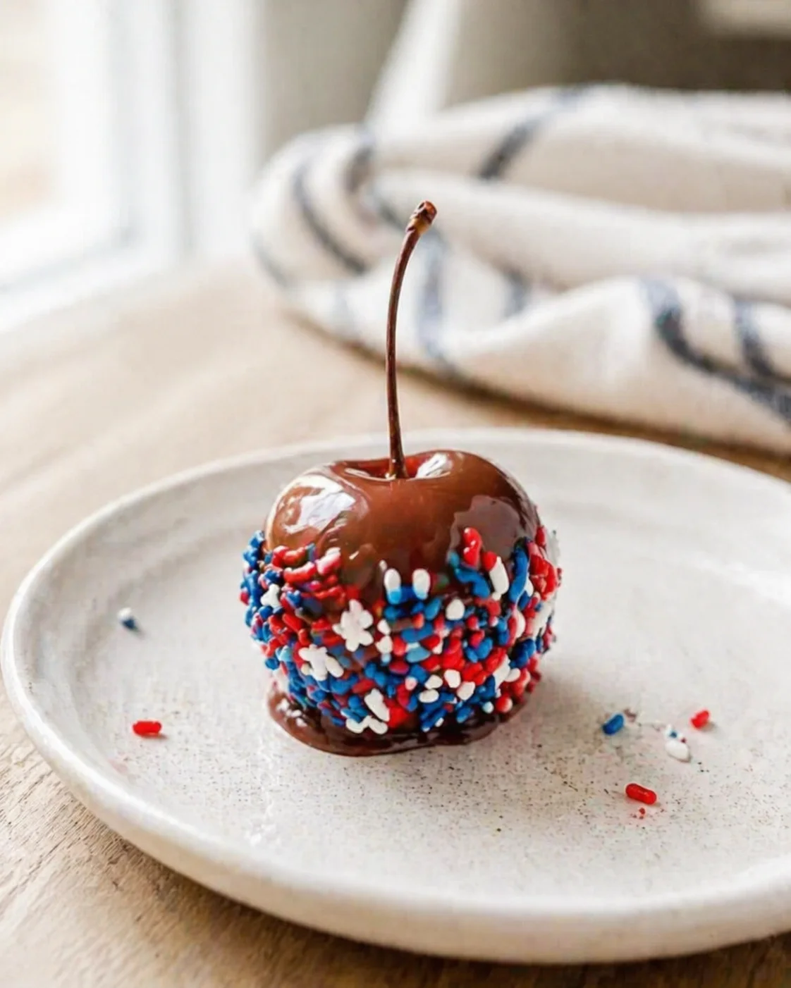 Shiny chocolate-covered cherry dessert coated in red, white, and blue sprinkles on a light ceramic plate.
