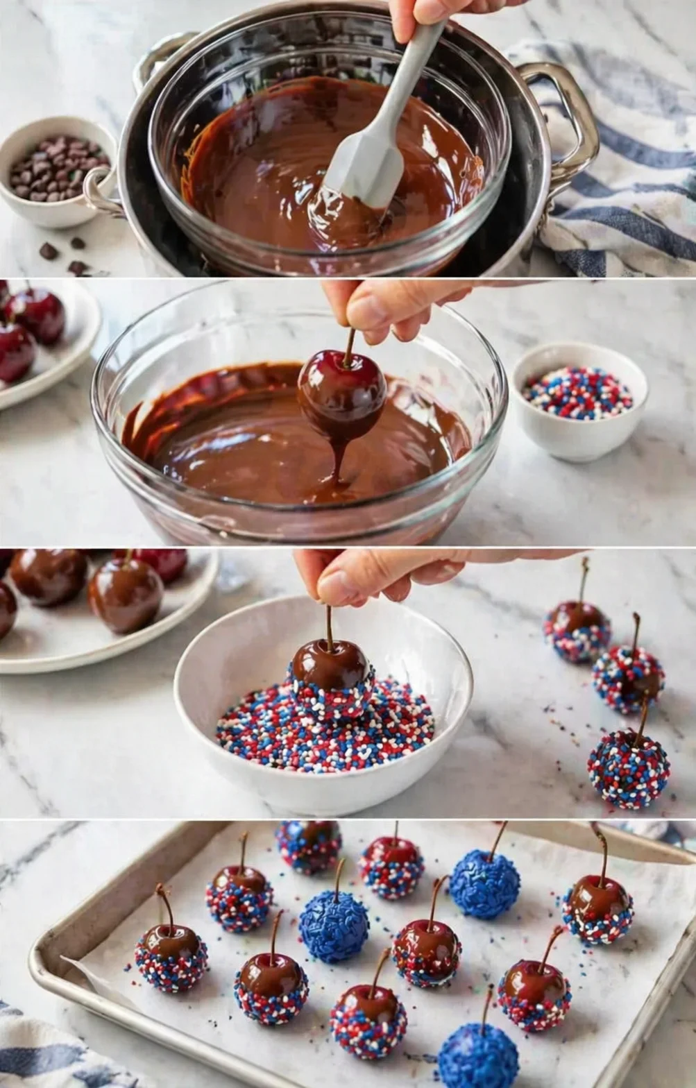 A step-by-step collage of melted chocolate, dipped cherries on sticks, and sugar-coated chocolate treats.