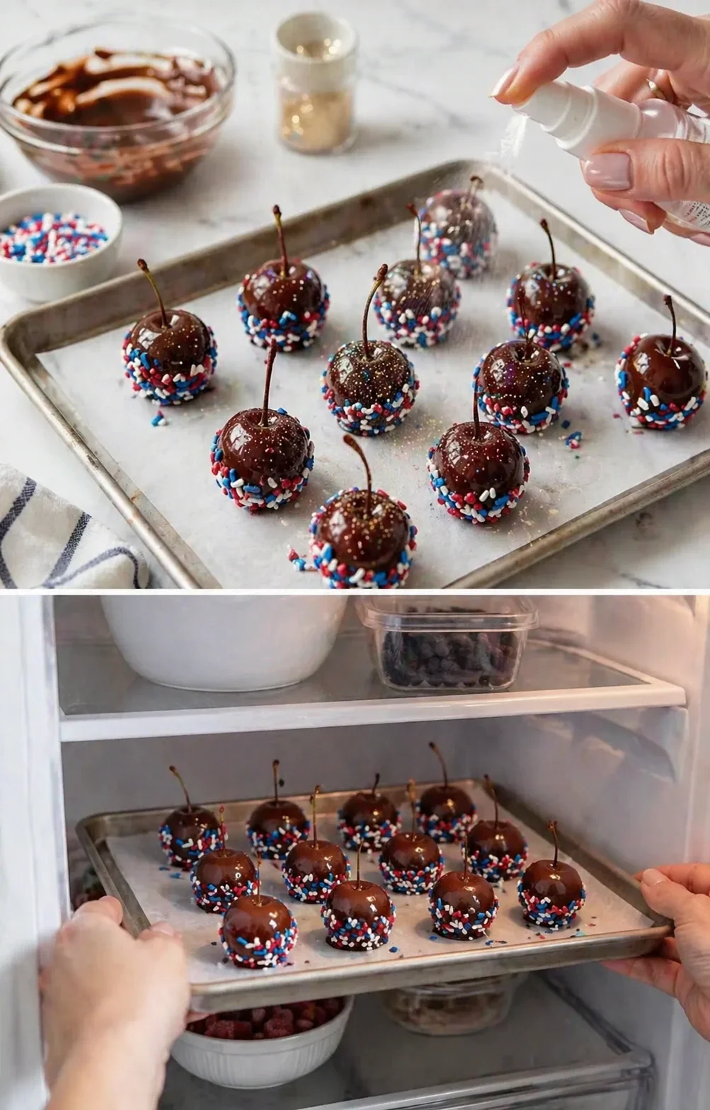 Chocolate-dipped cherries with red, white, and blue sprinkles on parchment-lined tray.