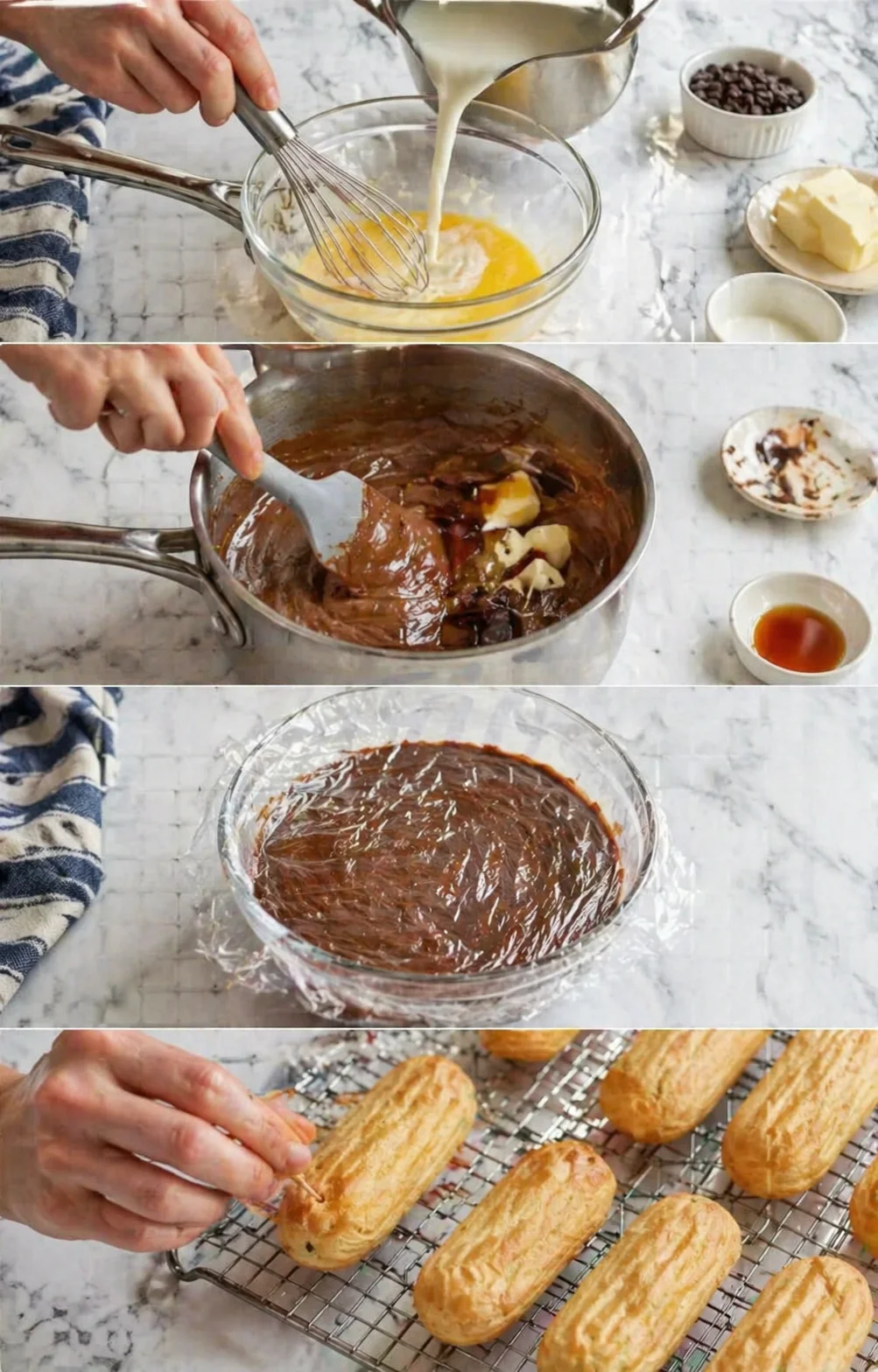 collage showing making chocolate ganache and shaping éclairs on marble counter