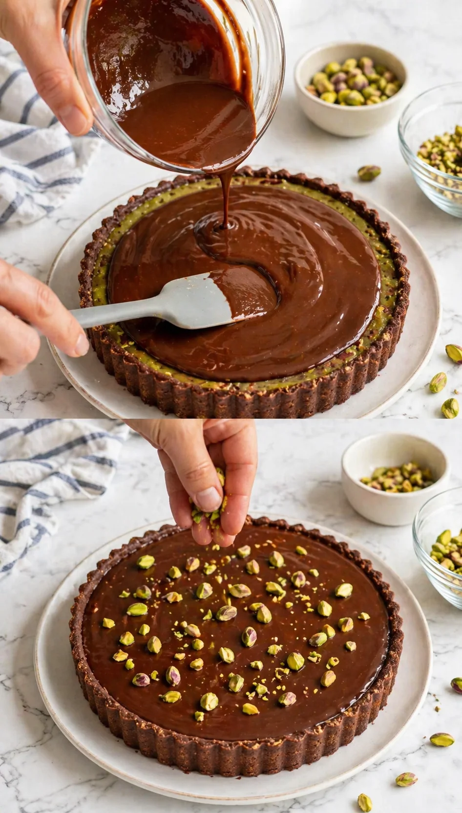 Chocolate pistachio tart being poured with glossy ganache and sprinkled with pistachios.