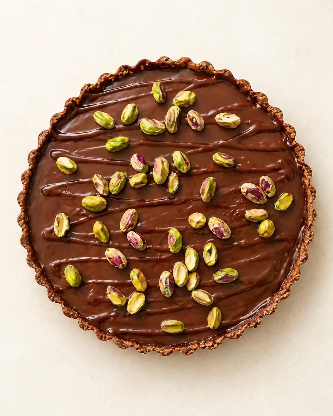 Top-down view of a glossy chocolate tart topped with pistachios on a pale beige background.