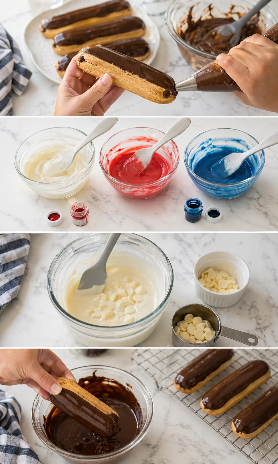 Collage of hands dipping chocolate eclairs and bowls of white, red, and blue icing on marble counter