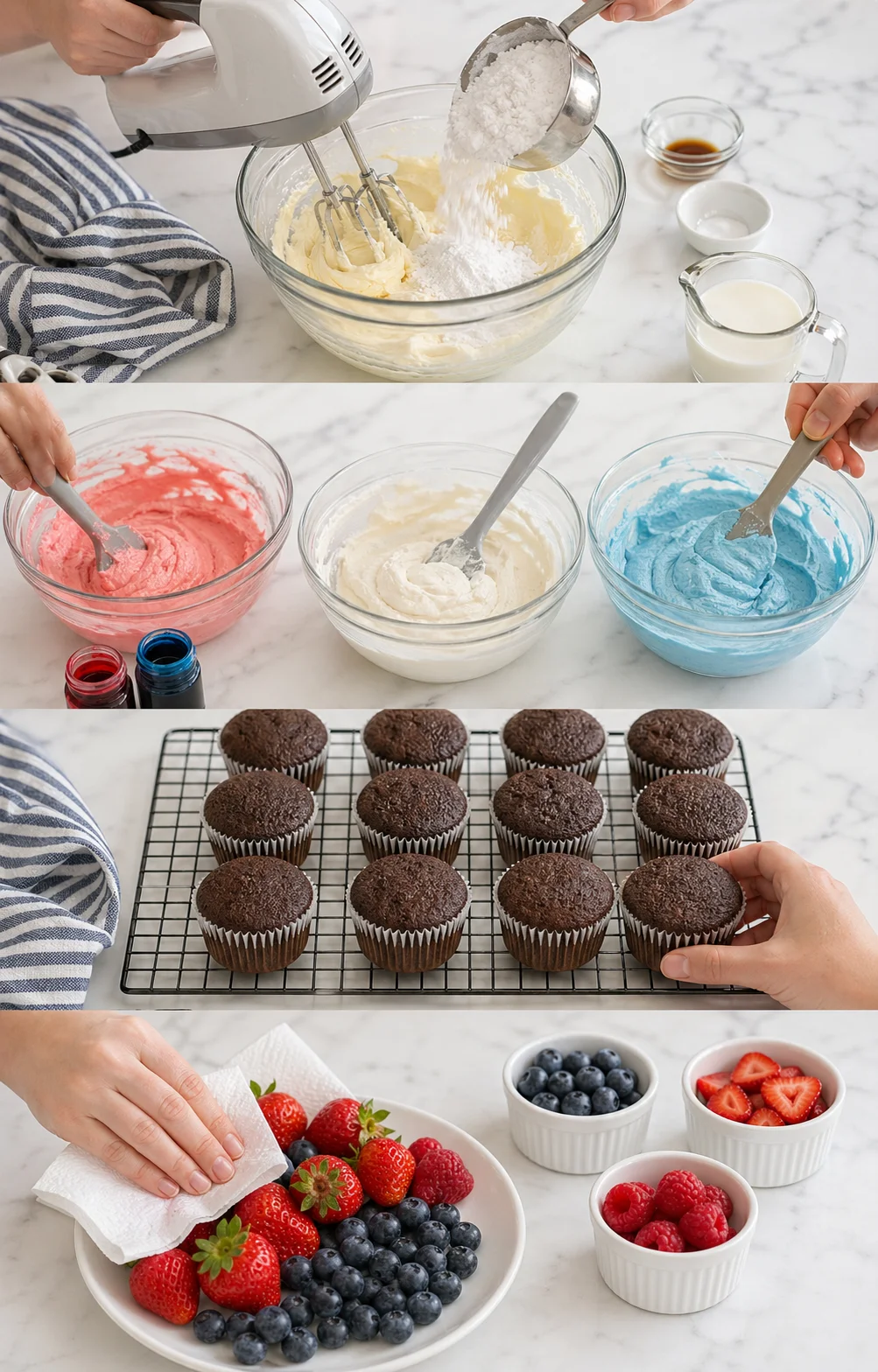 Collage of baking steps: mixing batter, colorful frostings, chocolate cupcakes on a rack, and fresh berries.