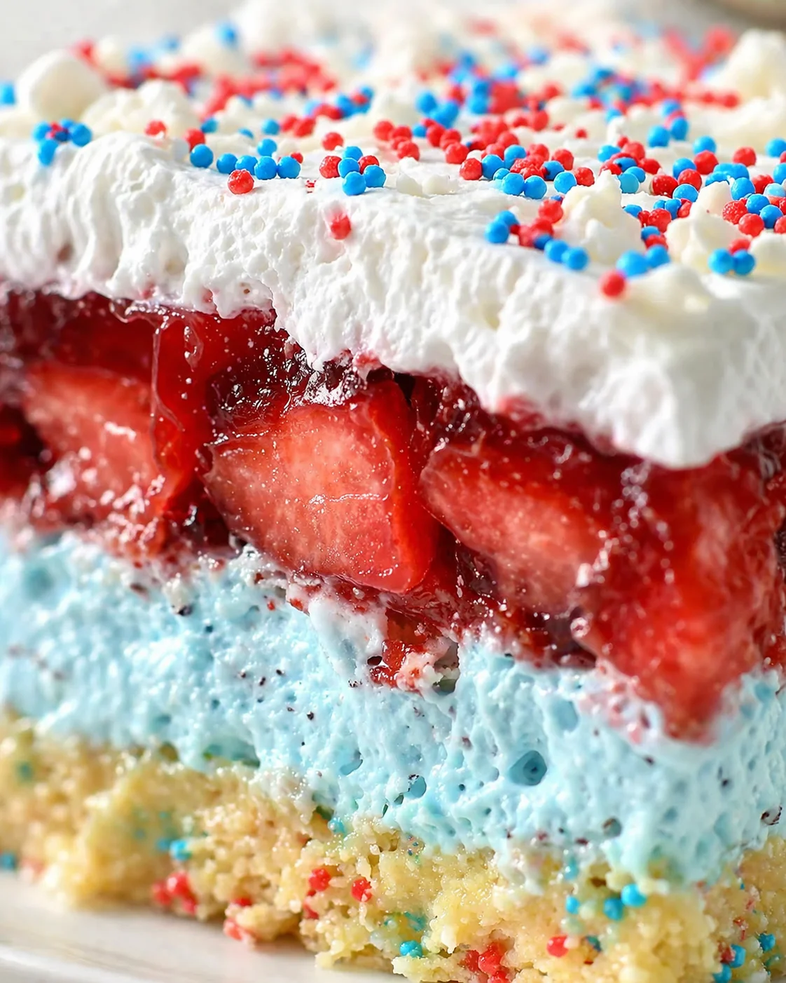 close-up of a multi-layer cake: white frosting, red strawberry filling, blue layer, colorful sprinkles.