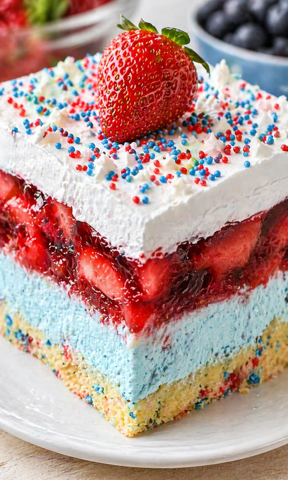 slice of multi-layer cake with strawberry filling, white frosting, and colorful sprinkles on top