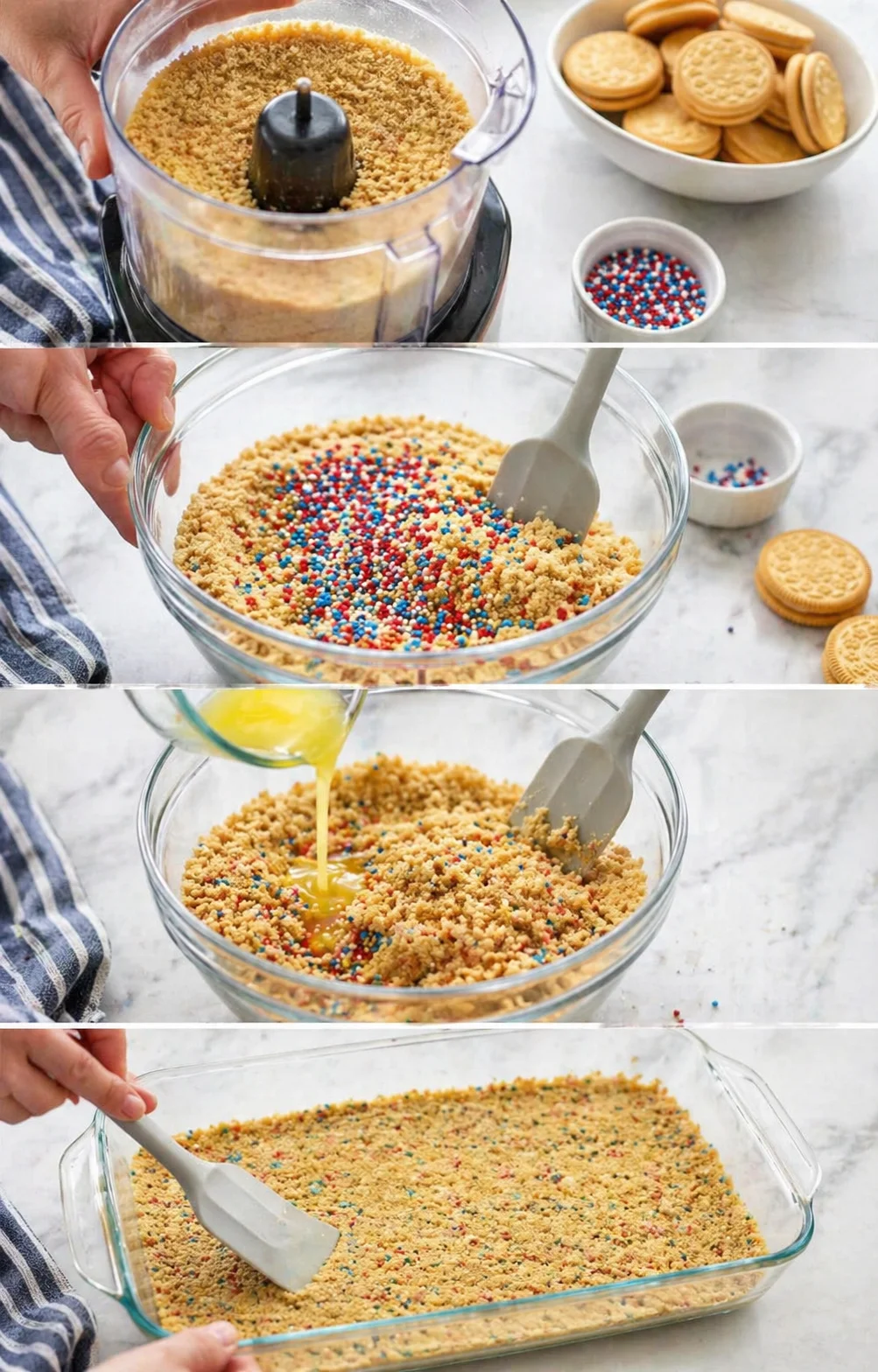Step-by-step collage showing a confetti-cookie crust being made: crushing cookies, sprinkling colorful sprinkles, pouring butter, pressing into a dish.