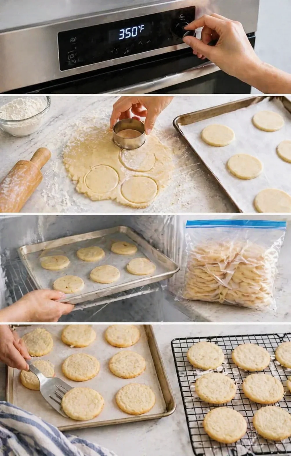 A kitchen collage showing dough rolled out round cutters trays chilling baking and cooling cookies.