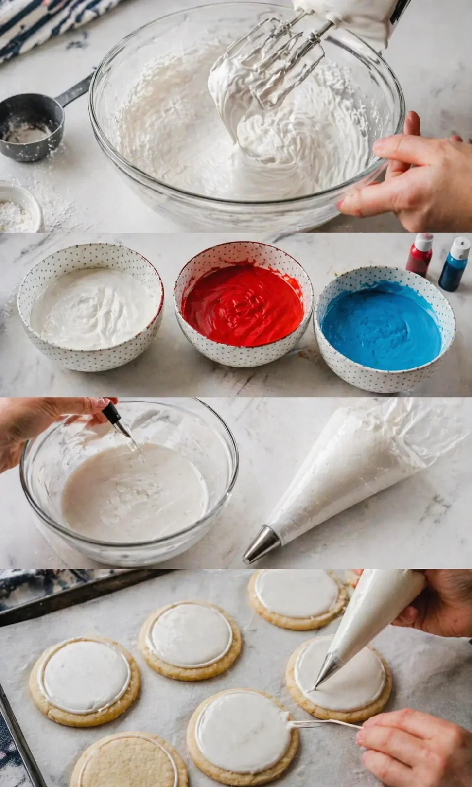 collage of cookie-decorating steps with whisking icing, colored icing bowls, and piped cookies