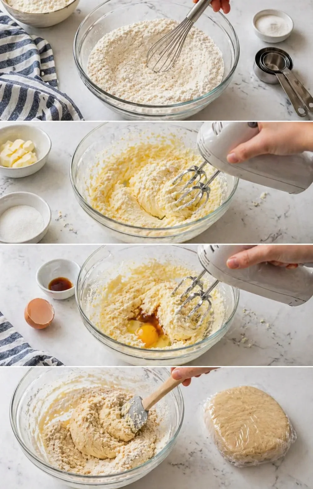 collage showing cookie dough prep: whisking flour, creaming butter and sugar, adding egg, shaping dough.