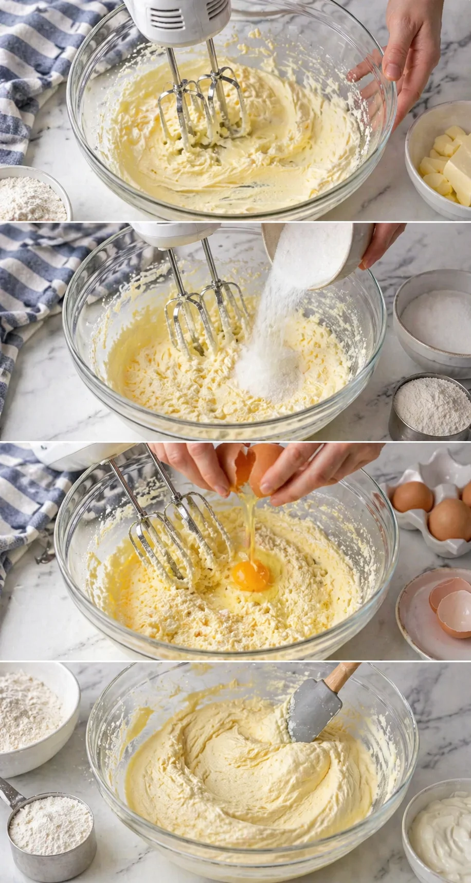 multi-panel collage showing creaming butter and sugar, then adding eggs in a glass mixing bowl.