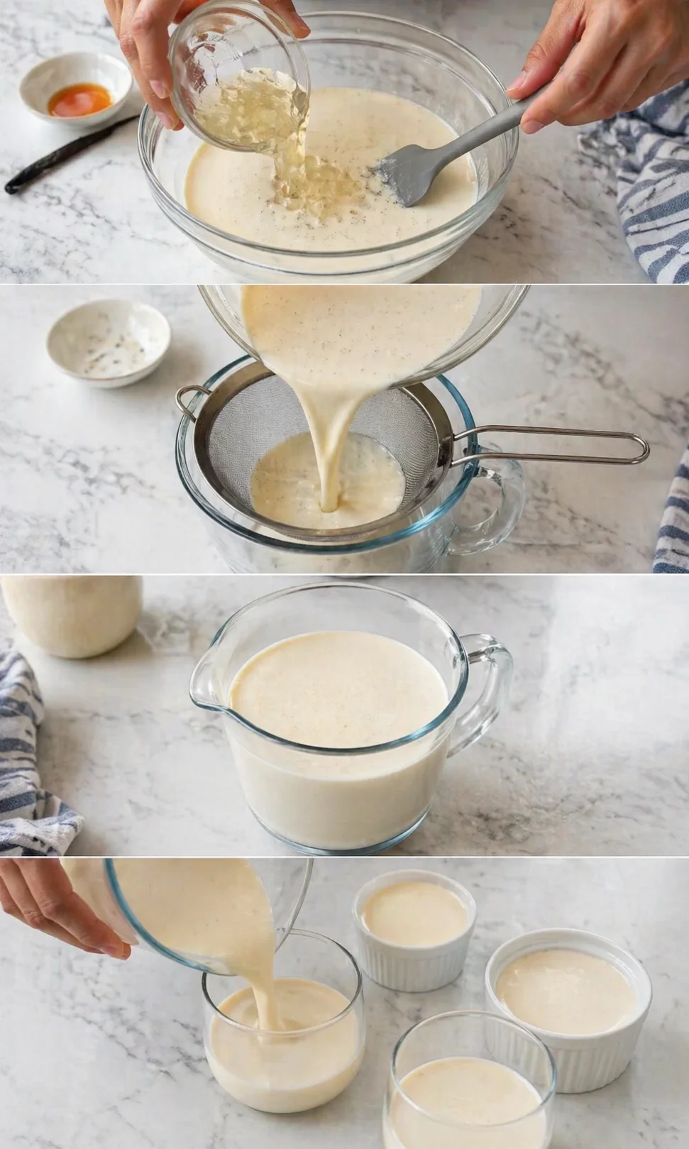 Hand pours and strains pale vanilla custard into ramekins on a marble counter.