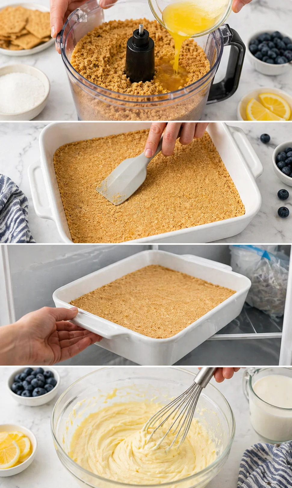 collage showing lemon-blueberry crumb crust steps: processor with crumbs and butter, pressing crust in pan, whisking filling