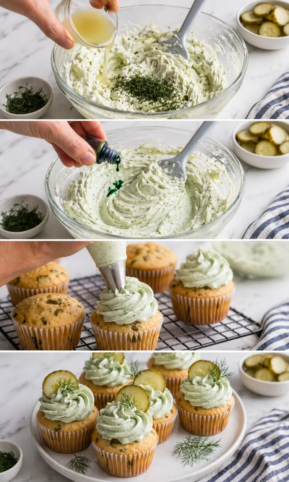 Collage of dill cream cheese frosting being prepared and piped onto cupcakes with cucumber garnish.