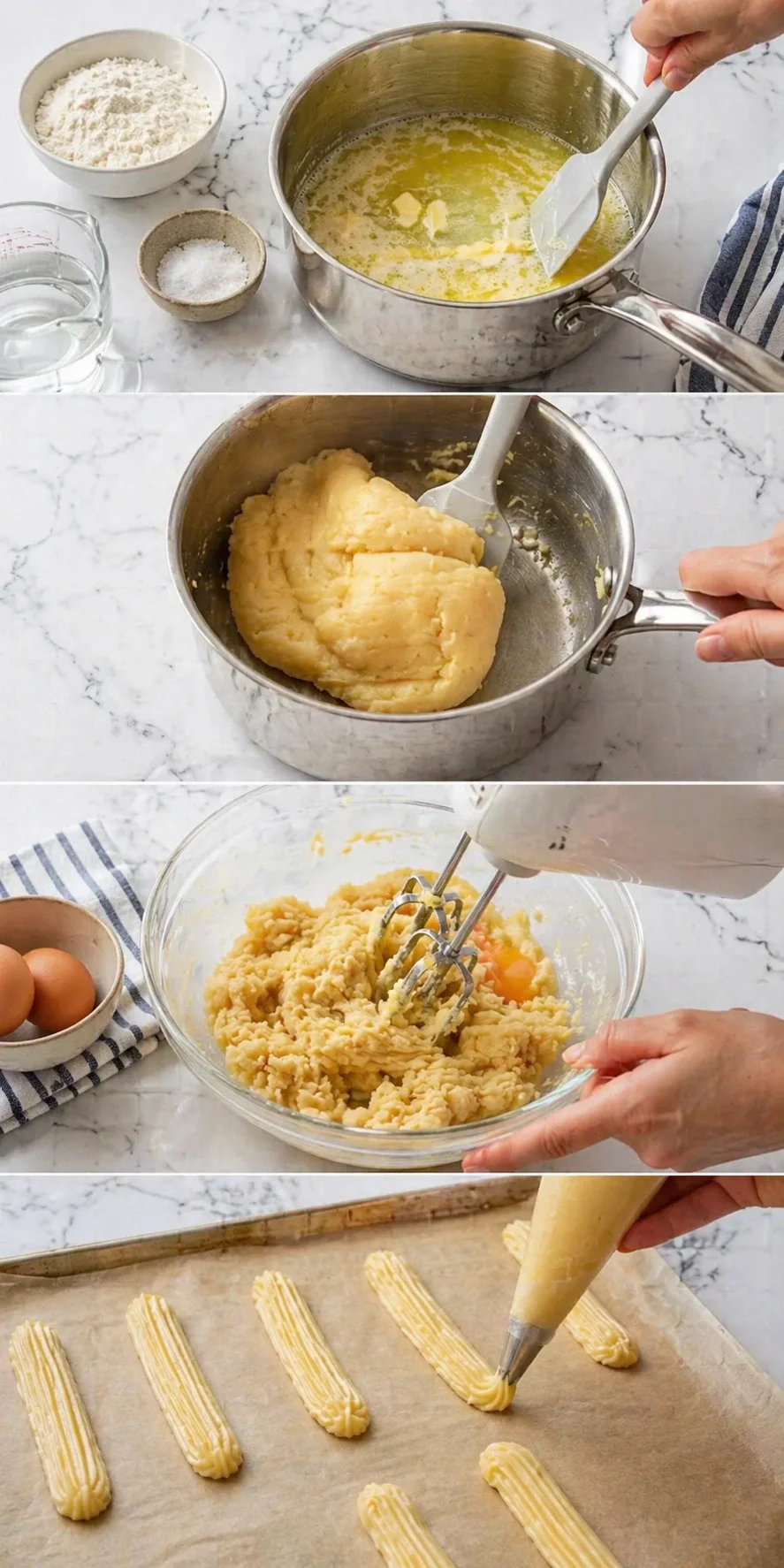 collage showing melting butter, dough formation, eggs being added, and ridged dough piped onto parchment