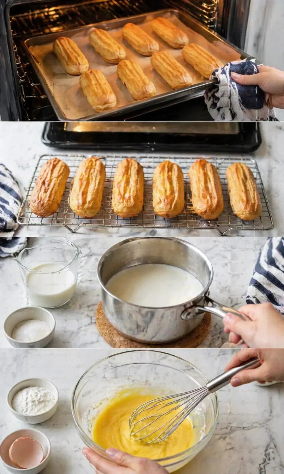 Collage of eclairs being prepared: baking tray in oven, cooling on a rack, and mixing custard with eggs.