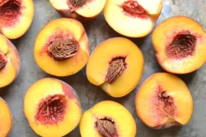 fresh peaches, but in half
