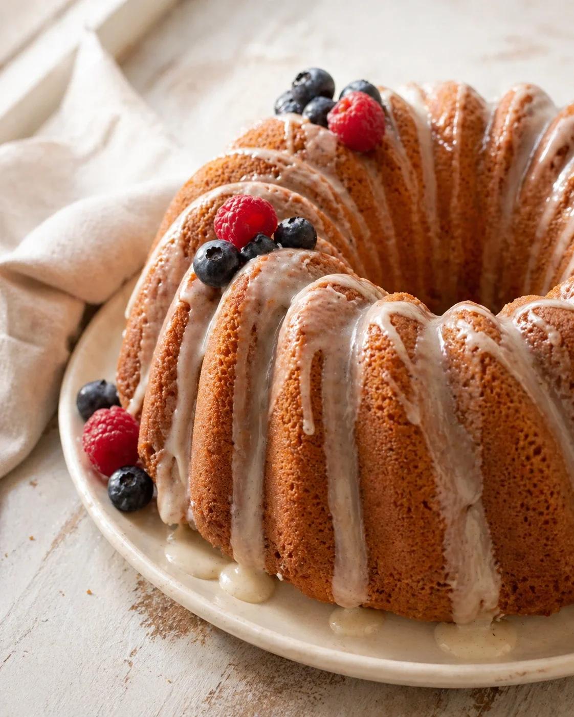golden bundt cake with cream glaze and fresh raspberries and blueberries on a plate