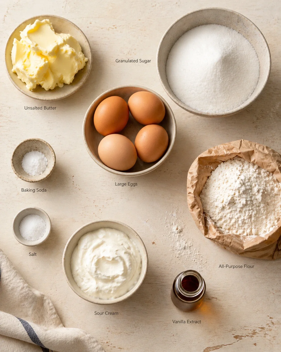 Overhead view of baking ingredients neatly arranged for a recipe.
