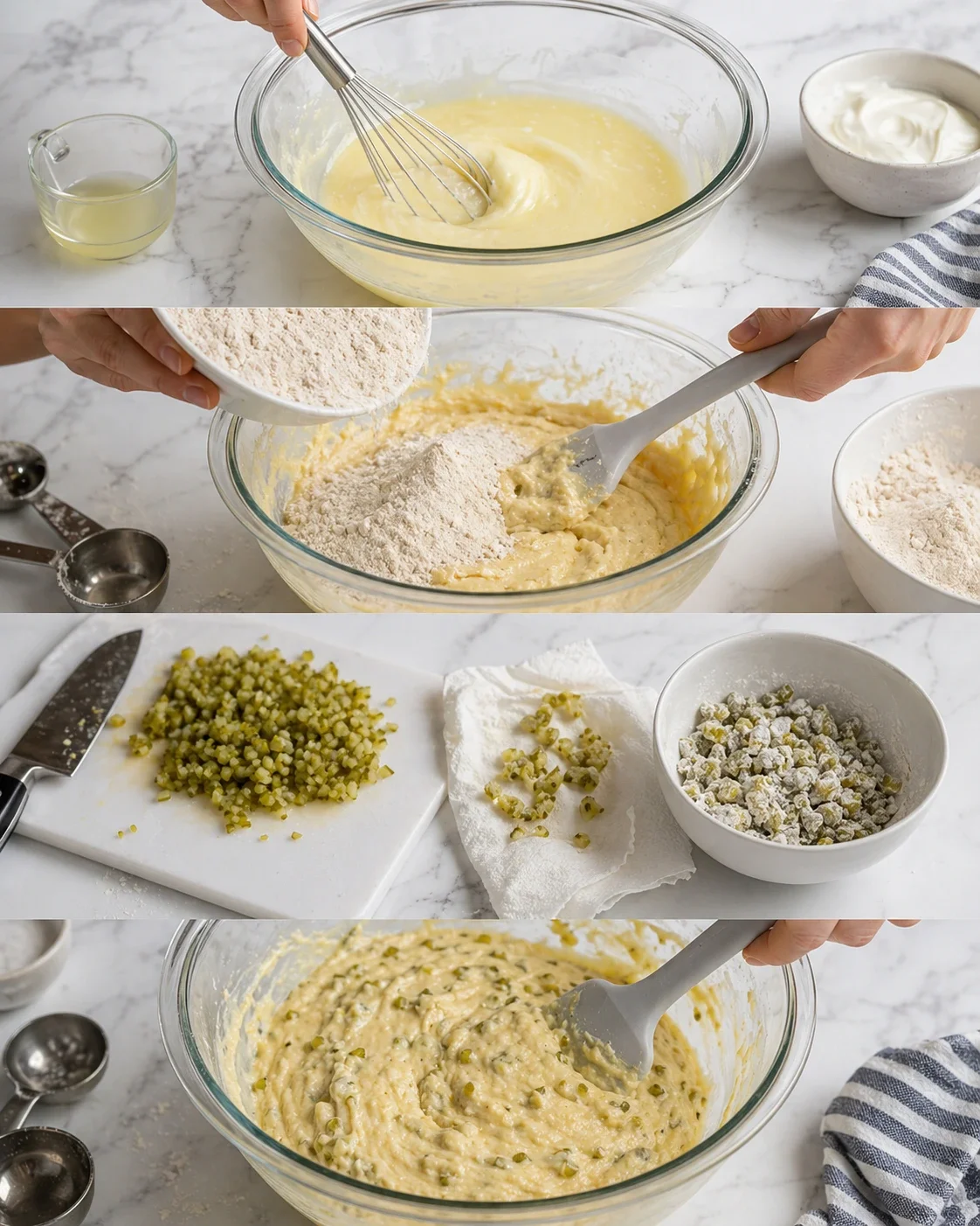 A four-panel collage showing batter being whisked, flour added, chopped olives on a cutting board, and olives folded into dough.