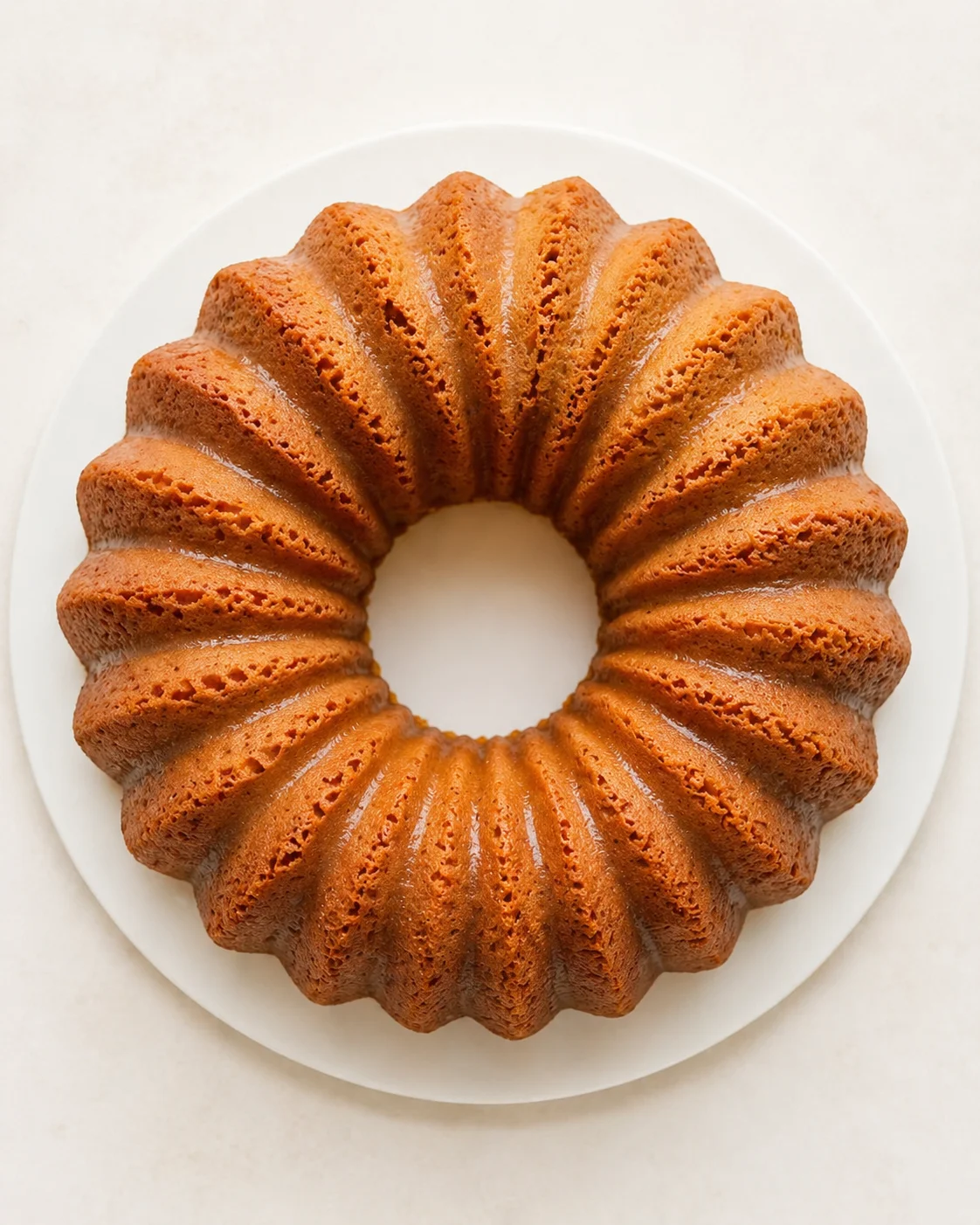golden bundt cake with fluted ridges on white plate, overhead view