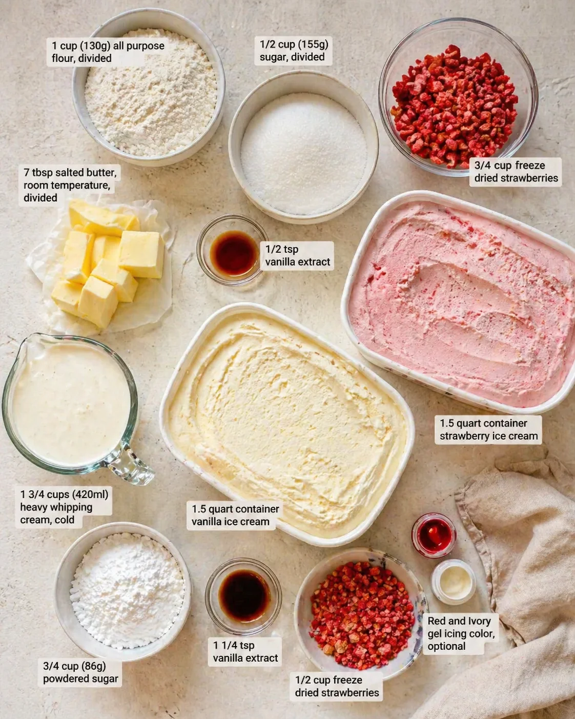 Top-down view of strawberry and vanilla ice cream ingredients laid out with labeled measurements on a light countertop.