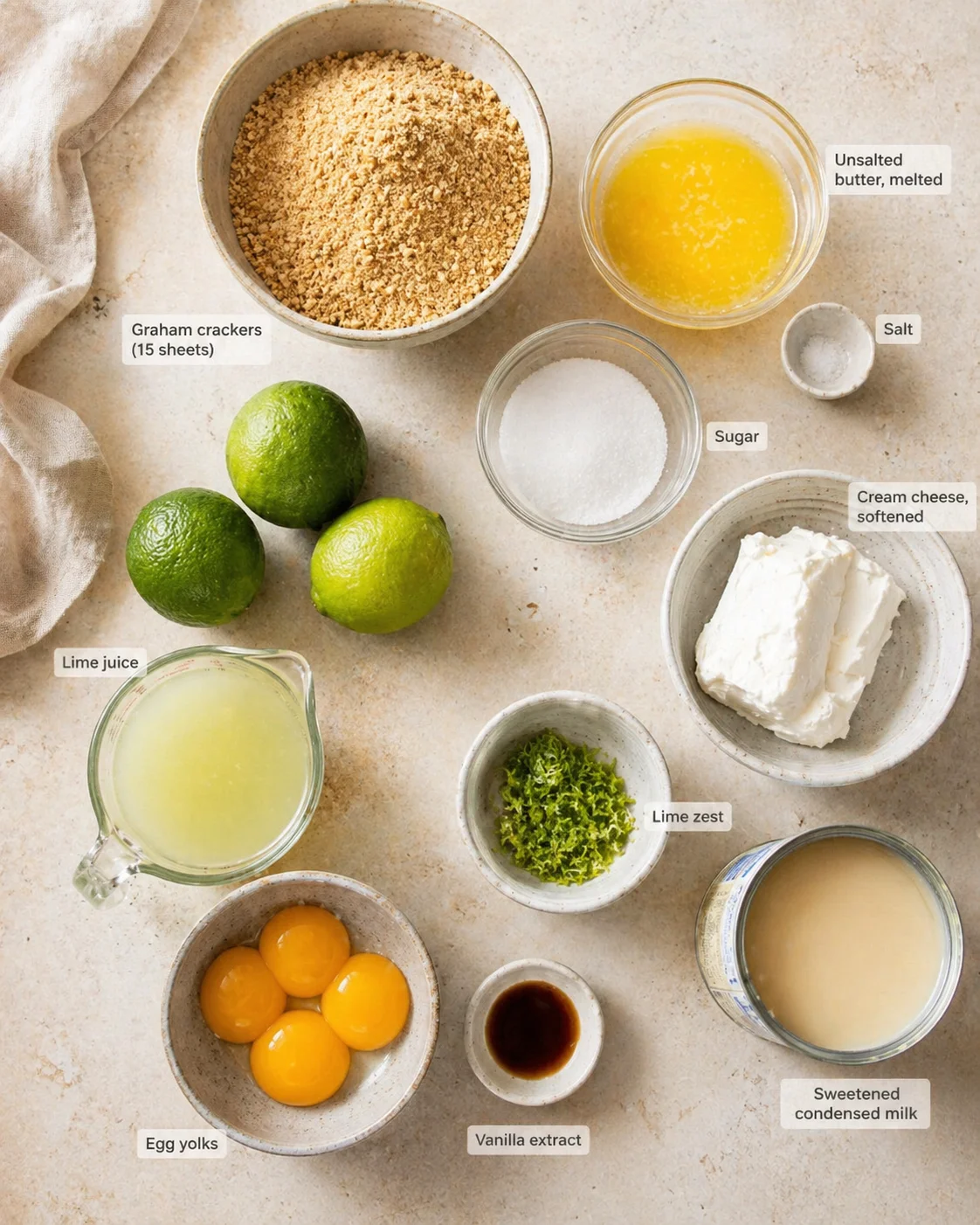 Top-down layout of lime cheesecake ingredients, including graham crackers, limes, and dairy.