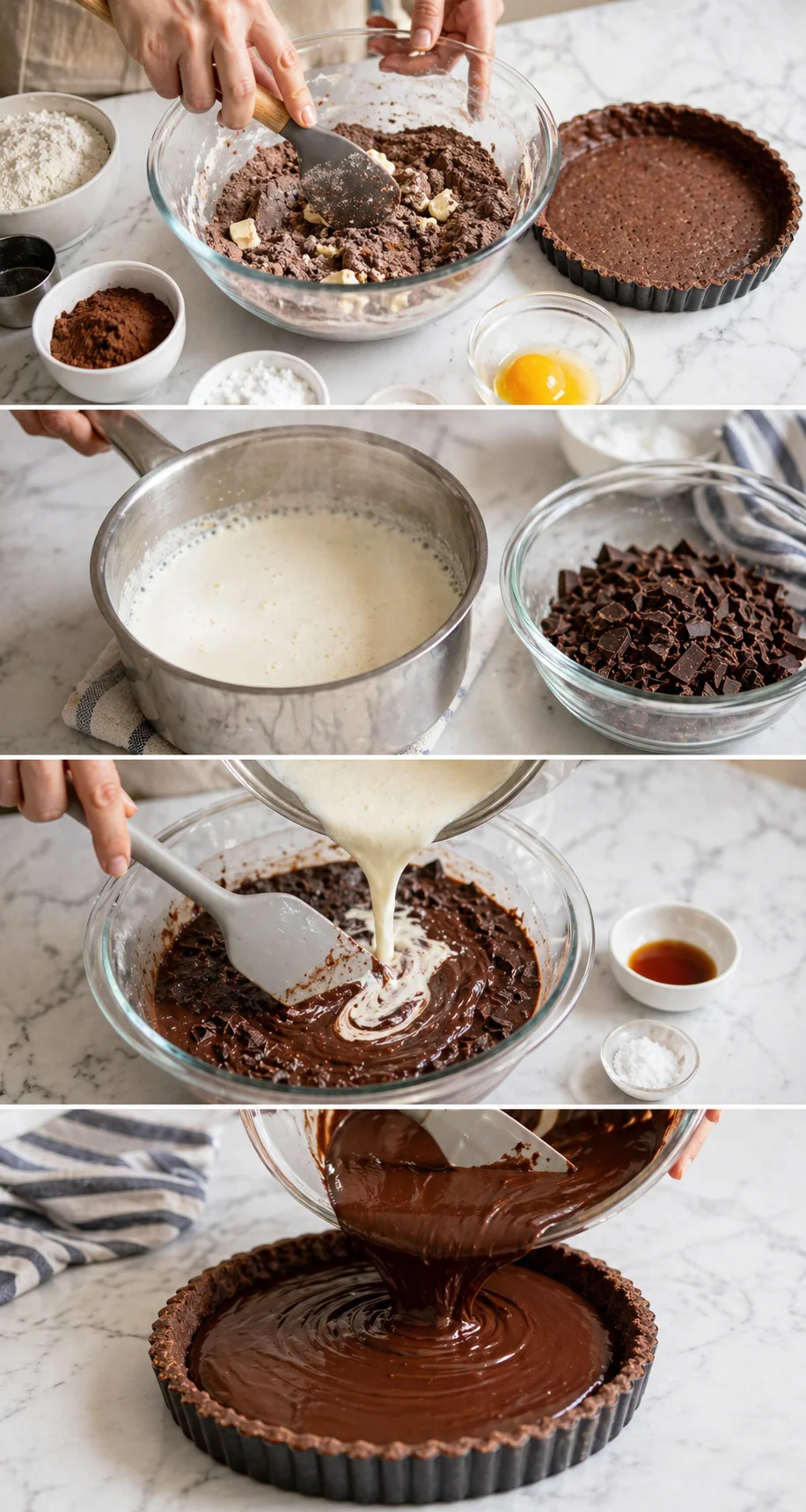 four-panel collage showing ingredients, mixing batter, and pouring ganache into a chocolate tart crust