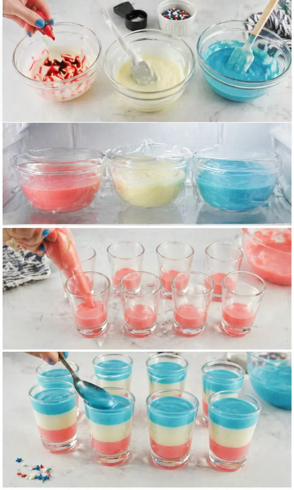 Collage of red, white, and blue layered dessert cups in progress.
