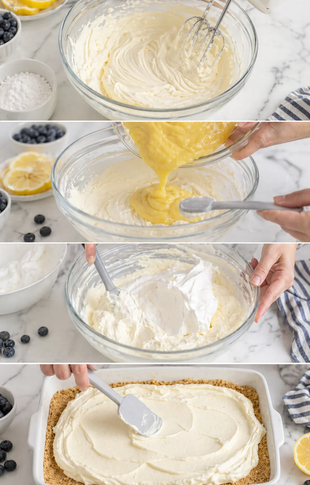 four-panel collage of lemon cheesecake-bars in progress: mixing, pouring lemon filling, folding whipped cream, and crust filling.
