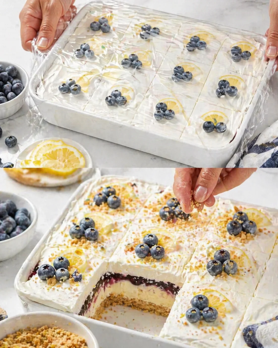 rectangular dish of lemon-blueberry cheesecake bars topped with whipped cream, lemon slices, and fresh blueberries