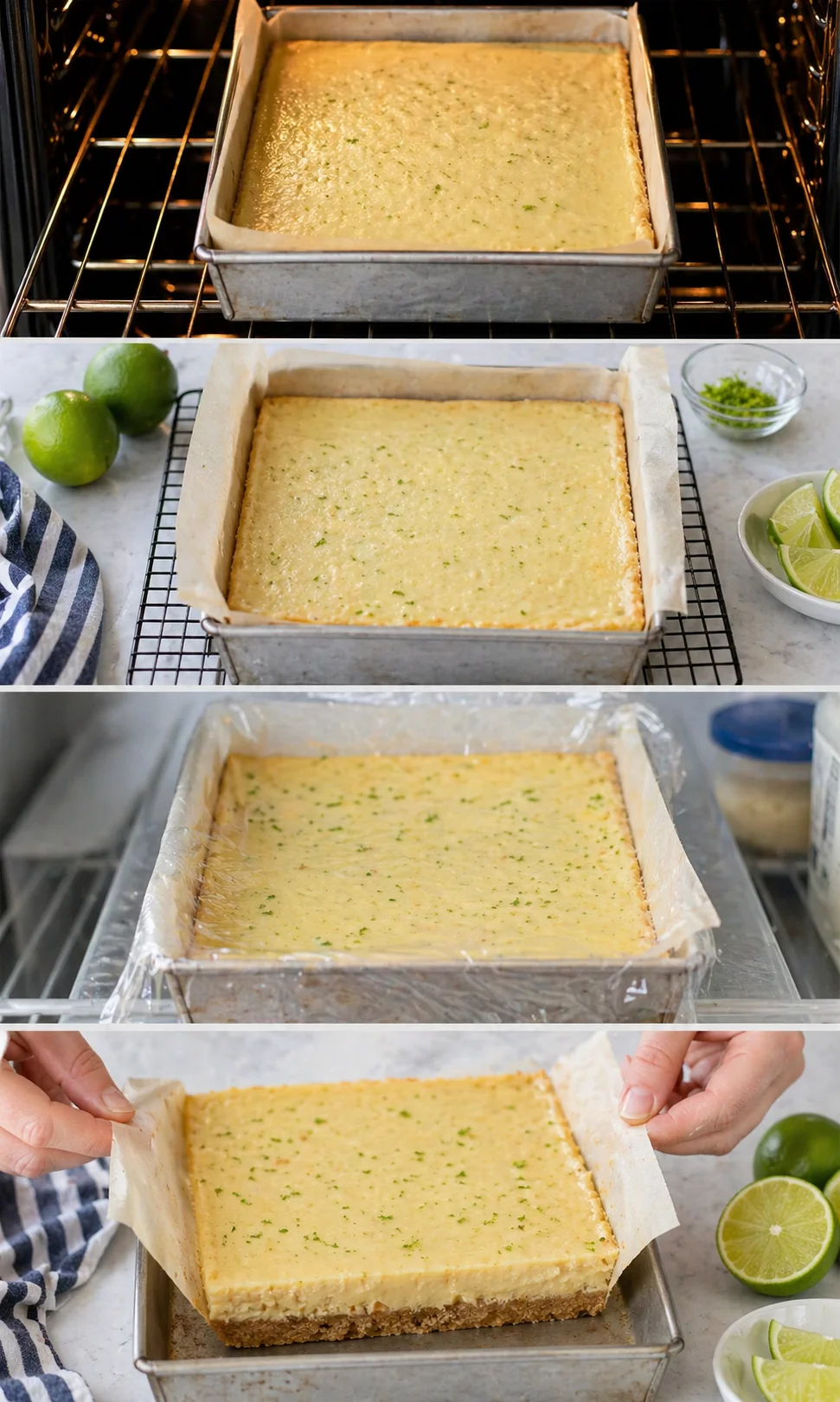Four-panel collage of lemon-lime bars being baked, cooled, and unveiled in a kitchen.